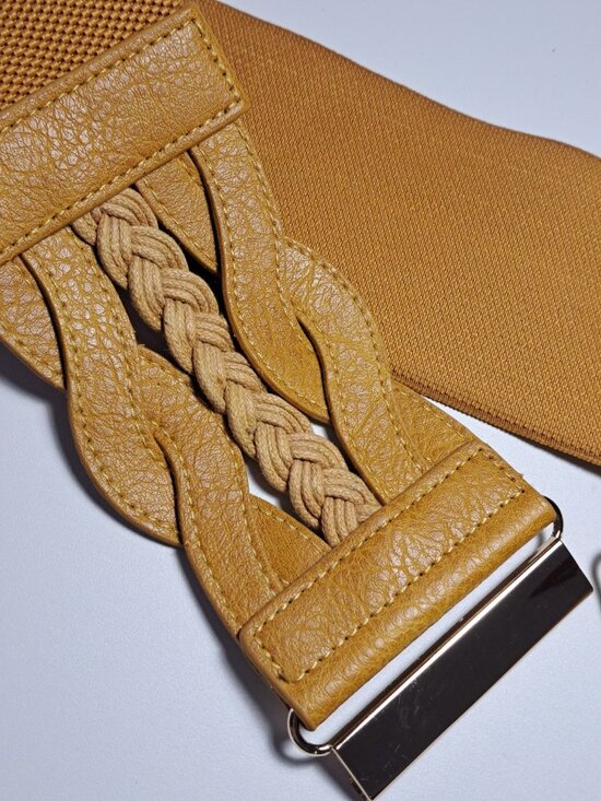 Womens Gold Elastic Waist Belt With Braided Faux Leather Accent & Metal Clasp - Picture 3 of 10